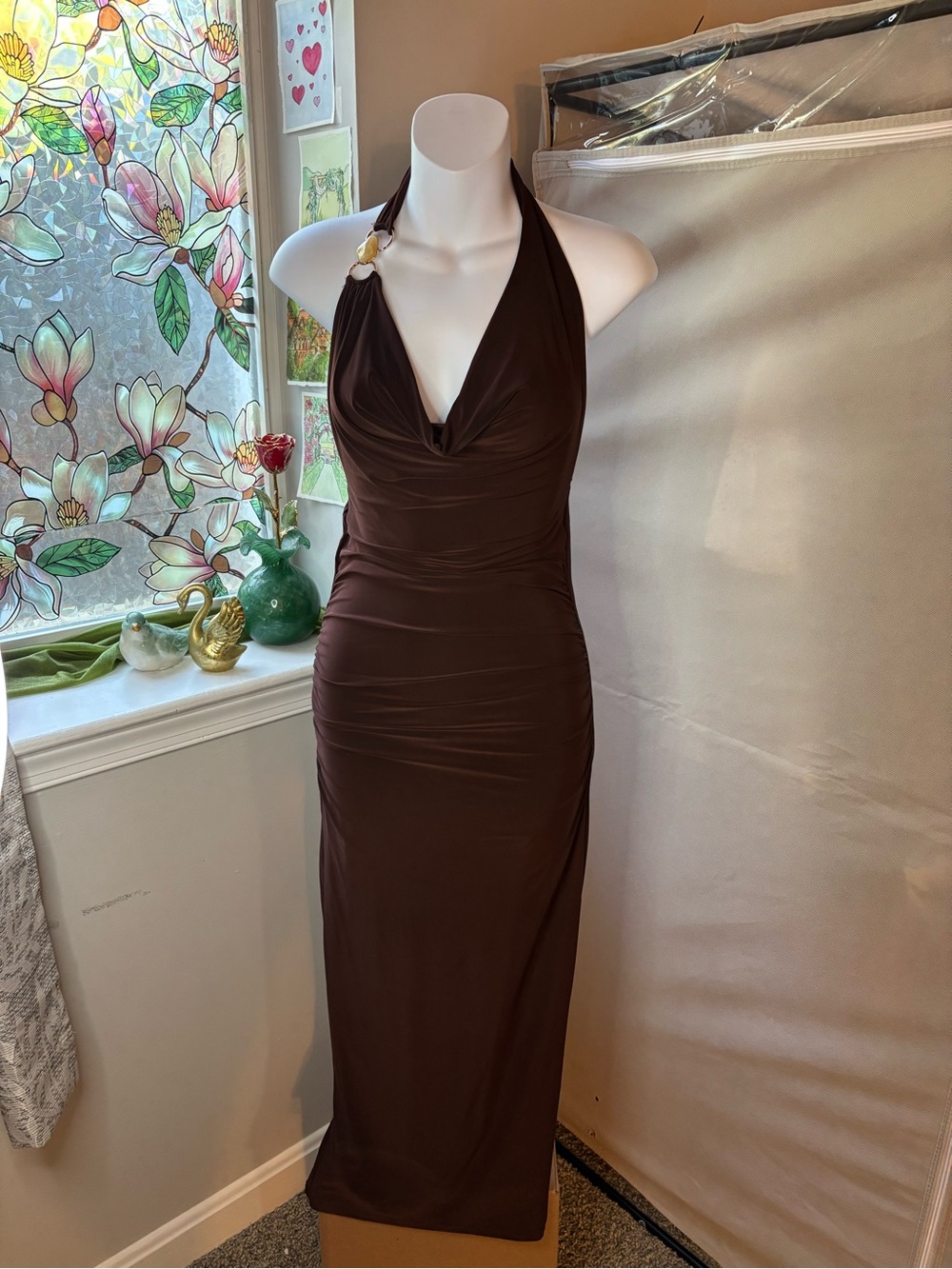 Sleeveless One-Shoulder Chocolate Brown Ruched Maxi Dress